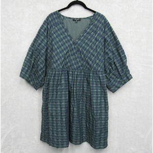 Plaid V-Neck Dress in Blue and Green